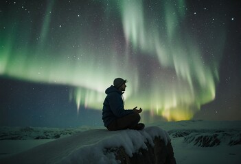 A solitary figure sits on a snowy ledge, gazing up at the mesmerizing display of the Northern Lights, their vibrant green and purple hues dancing across the starry night sky