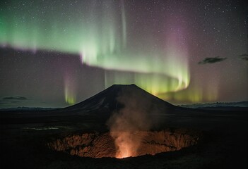 A stunning display of the Northern Lights illuminates the night sky above a volcanic crater, casting vibrant hues of green and purple across the landscape 