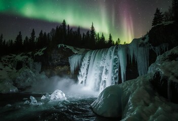 A stunning winter scene featuring a frozen waterfall illuminated by the ethereal glow of the Northern Lights, set against a backdrop of snowcovered trees and a starry night sky