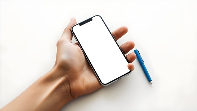 Person's hand holding a modern smartphone with a blank white screen next to a blue pen on a clean white background.