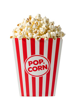 Classic red and white striped popcorn box filled with fresh buttery snack on the transparent background for movie night and entertainment themes