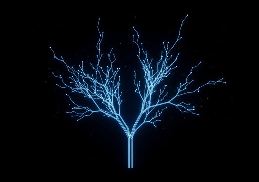 Digital glowing tree, blue neural network branches, futuristic data visualization art