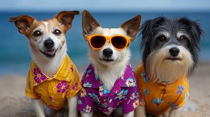 Three dogs wearing Hawaiian shirts and sunglasses are posing for a photo on the beach. The dogs are smiling and seem to be enjoying the sunny day