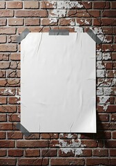 Blank White Poster Taped to Weathered Brick Wall Grunge Texture Vertical Composition.