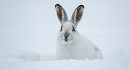 A white arctic hare sits in snow facing forward with alert eyes and upright ears