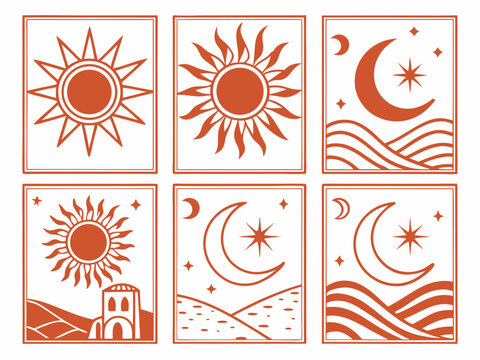 Celestial Sun Moon Stars Waves and Landscape Icons in Boho Style flat