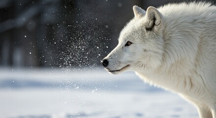 Obraz premium A white wolf stands amid snowy ground blowing snow from its nose
