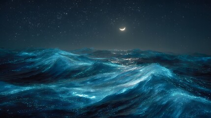 Fototapeta premium Ocean waves at night with moon and stars wallpaper blue sea nature dark water seascape background aesthetic image