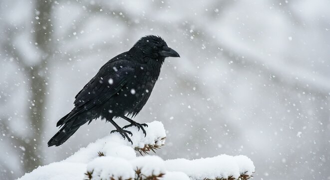 A black crow sits on a snowcovered branch during a snowfall its dark feathers contrasting with the white surroundings