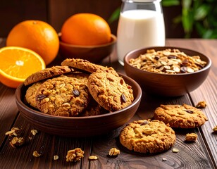 Oatmeal raisin cookies with oranges and milk