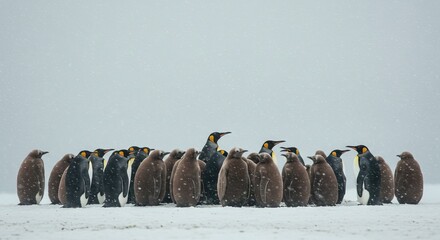 A group of penguins stands in a snowy landscape Some are juveniles brown and fluffy others are adult King Penguins with black and white plumage and yellow markings