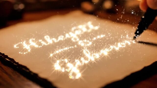 An invisible pen writing a beautiful, elegant script with ink made of sparkling stars