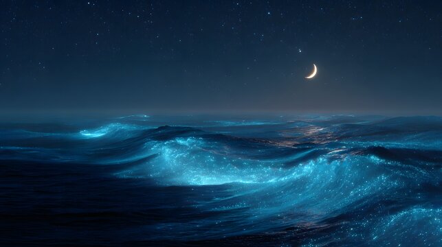 Bioluminescent waves at night ocean scenery with crescent moon and starry sky seascape photography