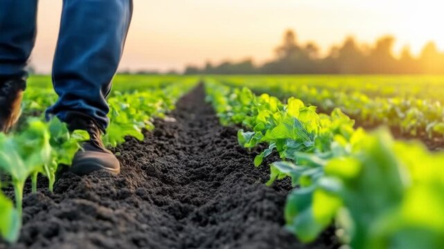 Farmer inspecting organic lettuce seedlings growing in cultivated agricultural field at sunset,