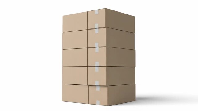 Stacked, sealed cardboard boxes on a white background with soft shadow
