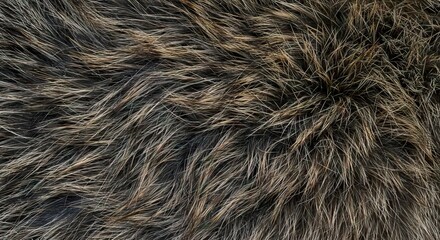 Closeup of animal fur showing a dense textured pattern in shades of brown tan and dark gray