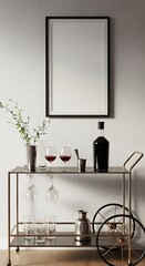 Minimalist Bar Cart Still Life Elegant Glassware and Dark Liquor on a Sleek Metal Frame.