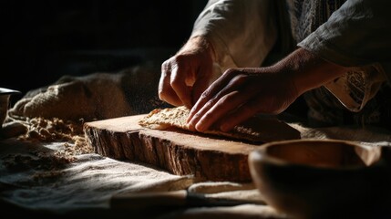 Close-up view of a potter's hands meticulously working with clay on a wooden turntable.