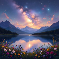 A tranquil mountain lake mirroring a cosmic sky of nebulae and galaxies, with glowing wildflowers in the foreground