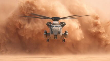 Helicopter Taking Off Amidst Dust Storm in Desert Landscape, Dynamic Helicopter Photography Showcasing Airborne Action and Environmental Impact