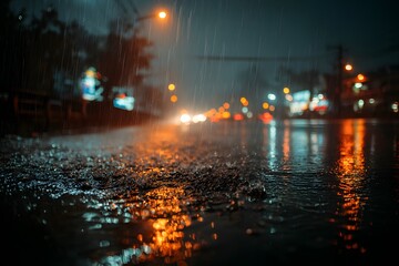Heavy rain falls at night, with drops splashing on dark, reflective pavement. This moody, cinematic photo captures motion and reflections from city lights.