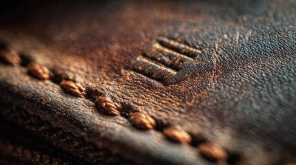 Close-up of a brown leather wallet with embossed logo.
