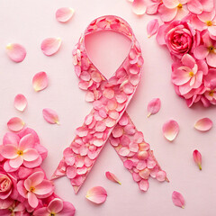 Pink ribbon made of delicate flower petals symbolizing breast cancer awareness and hope