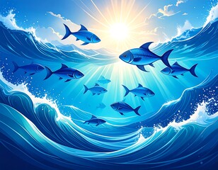 Ocean scene with school of fish