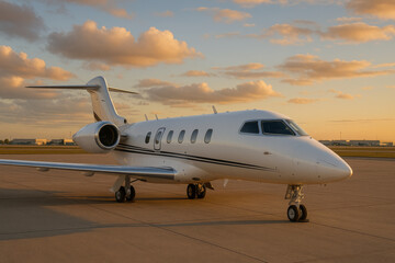 Sleek private jet sits on tarmac at sunset, with golden sky and scattered clouds creating serene backdrop
