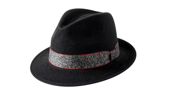 Classic black fedora hat with gray patterned band and red accent, elegant wide brim fashion accessory for men and women isolated on the transparent background