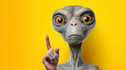 Strange alien with a finger pointing up. The alien has a yellow background. The alien is looking at the camera