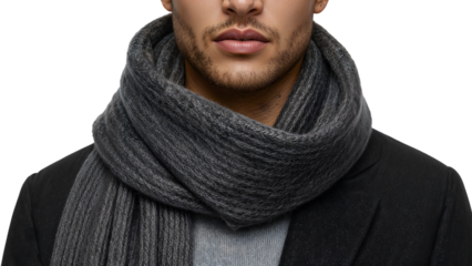 Closeup of fashionable man wearing stylish grey scarf and black coat in winter season isolated on the transparent background