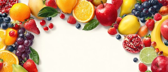 Fruit collage with flying fruits on a white background, a banner design