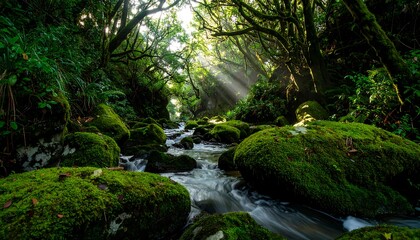Lush forest stream with sunlight