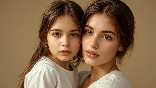 A emotional moment of a mother and daughter sharing a close bond, both having heterochromia. Their different colored eyes symbolize acceptance, love, and the uniqueness of their familial connection.