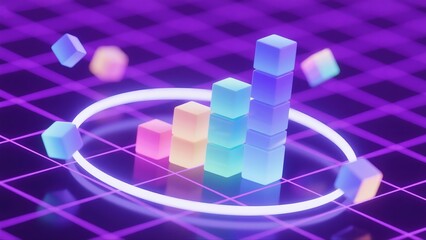 Colorful 3D bars rise on a neon grid with an orbit ring, symbolizing analytics and KPI growth. Eye-catching finance visual perfect for reports, dashboards, websites, ads, slides and pitch decks.