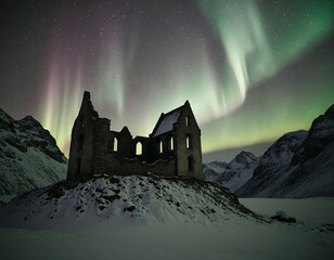 A majestic castle silhouette stands against a stunning backdrop of the Northern Lights, painting the sky in vibrant hues of green and purple 