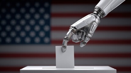 Robotic Hand Casting Vote in Front of American Flag Symbolizing Technology's Impact on Democracy and Voting Process in Modern Society