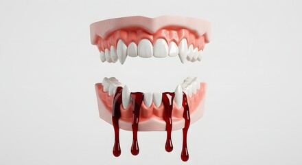 Vampire Fangs with Blood Drips Isolated on White - Halloween Horror Concept