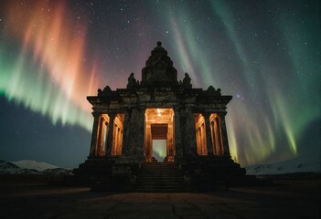 A majestic stone temple stands illuminated against a stunning display of the Northern Lights, painting the sky in vibrant hues of green and pink 