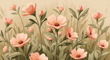 Soft peach flowers and green foliage create a calm, nature-inspired image, suitable for peaceful or romantic themes, ideal for background or wallpaper use