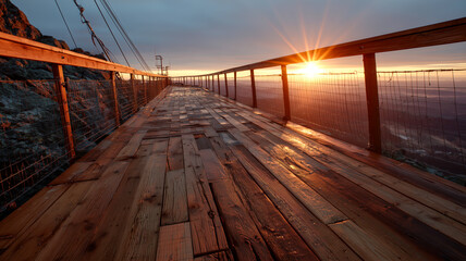 Fototapeta premium Mountain walkway at sunset: A wooden bridge stretches towards the sun, offering breathtaking views and a sense of altitude.