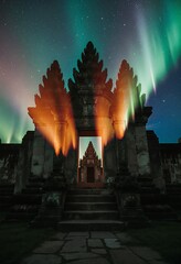 A mystical temple stands under a breathtaking display of the Northern Lights, casting an ethereal glow over its ancient stone structure 