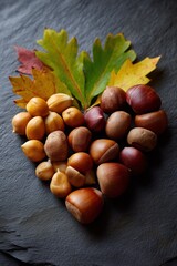 Autumn heart of nuts and leaves on slate background