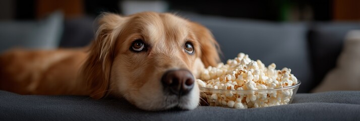 Golden retriever relaxing with bowl of popcorn on couch