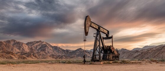 The industrial pumpjack against a dramatic sunset backdrop in mountainous terrain.