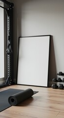 Vertical Blank Poster Frame Mockup in Modern Home Gym with Yoga Mat Weights and Natural Light.