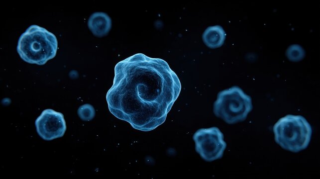Blue glowing abstract cells in a dark background representing biological or microscopic elements, highlighting intricate organic structures and scientific concepts - Powered by Adobe