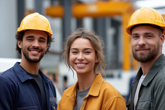 Young diverse adults smiling at construction site wearing safety helmets