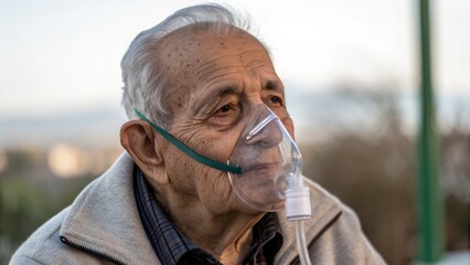 Elderly Man Using Oxygen Mask Outdoors